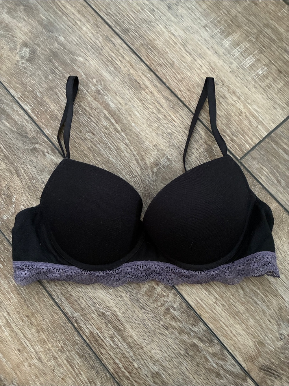 Adore Me Black Bra with purple Lace Trim size 34C